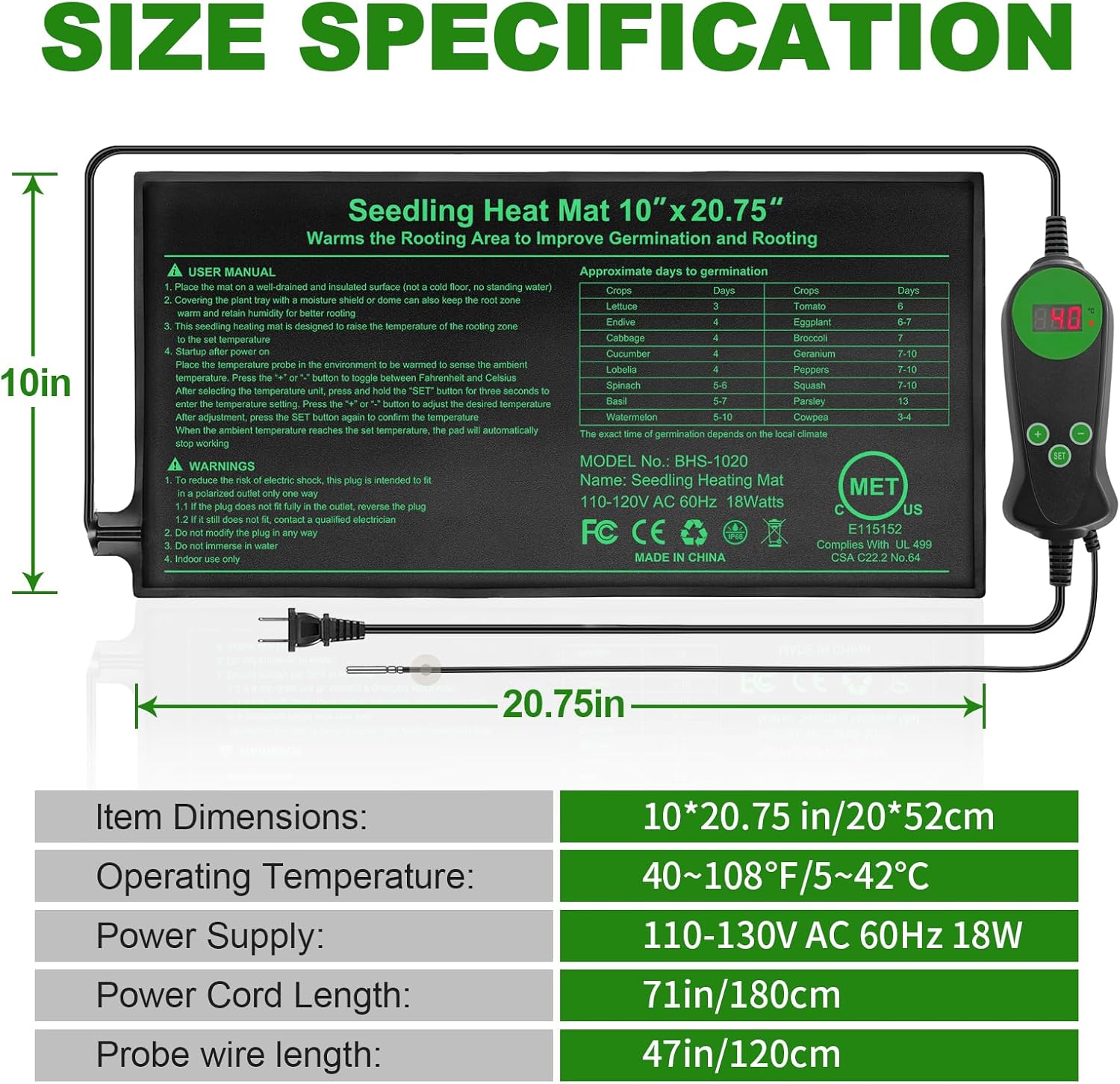 Seedling Heat Mat with Built-in Temperature Controller (2 Pack), 10" x 20.75" Plant Heating Pad with Thermostat for