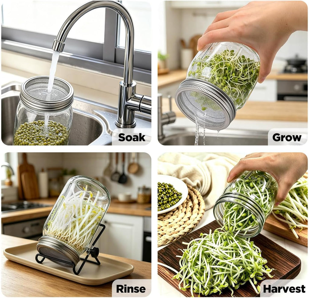 2PCS 1000ML Sprouting Jars with 86mm Wide Mouth Mason Jar with Stainless Steel Screen Sprout Lids,3.7X6.5 inches