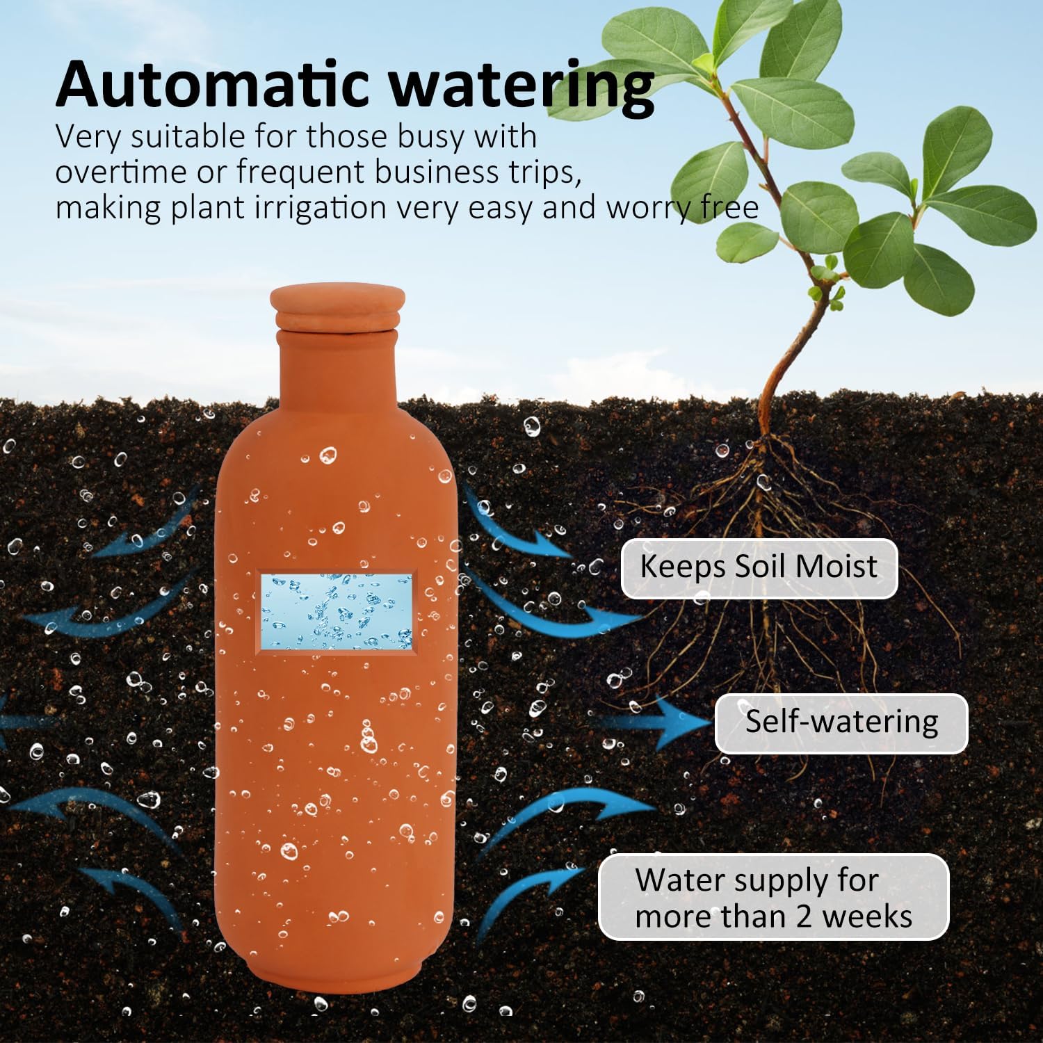 3pcs Ollas 10×3.5×3.5inch Terracotta Watering Pots Self Watering Planter Watering System 30.5oz Plant Watering Globes