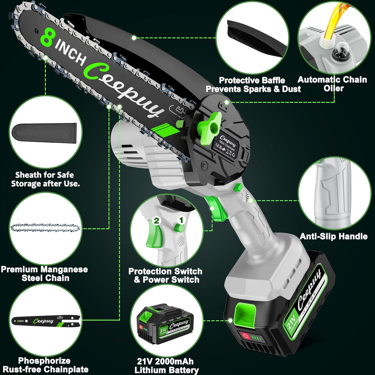 Mini Chainsaw Cordless 8 Inch with 2x 4000mAh Batteries, Portable Electric Chain Saw, Automatic Oiler, Battery Powered