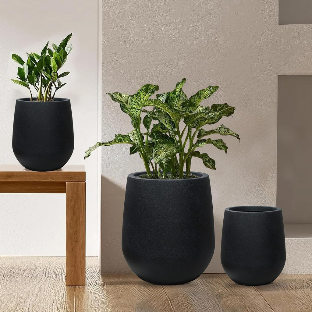 11.8" H Plastic Matte textured Black Planters with Drainage Holes and Plug | Indoor/Outdoor Use, UV/Weatherproof