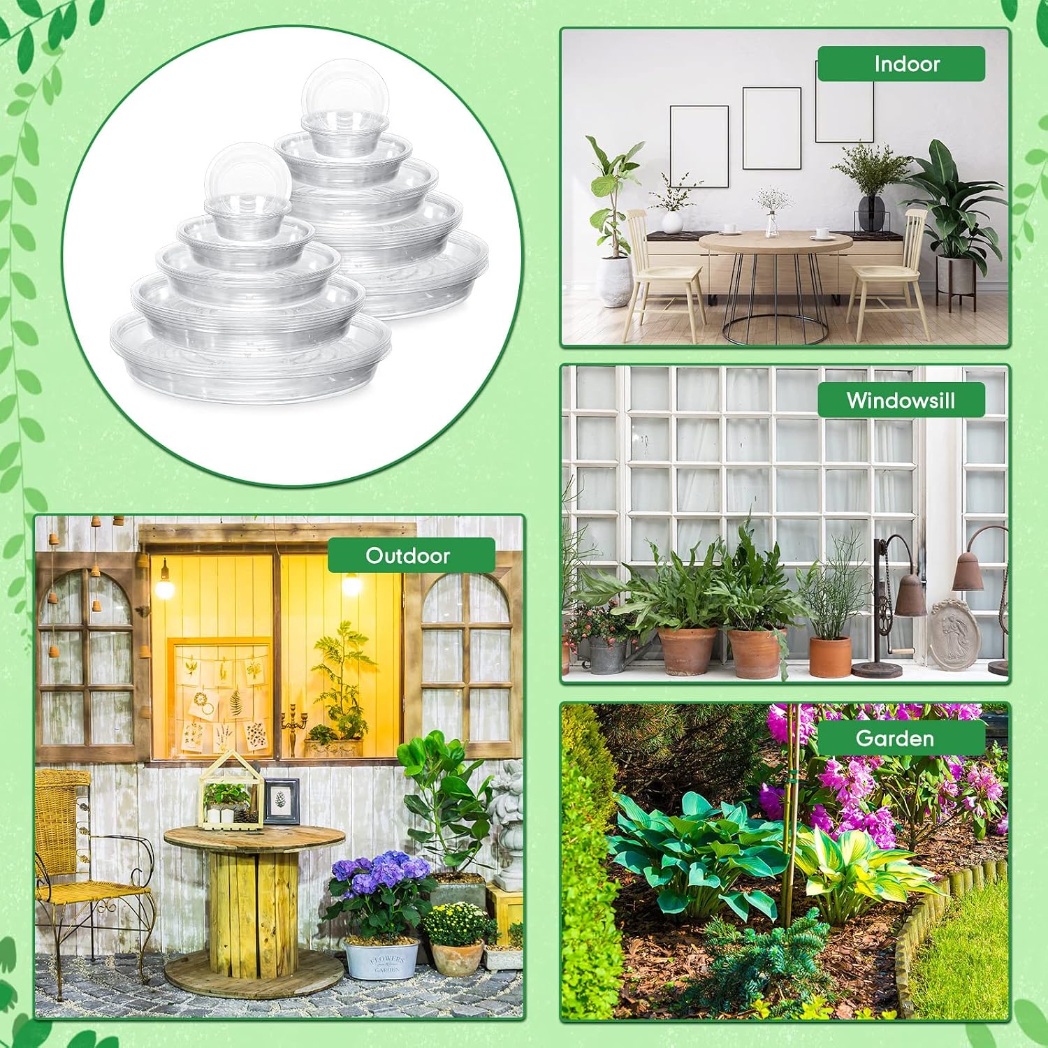 Marsui 50 Pack 4/6/8/10/12 Inch Plant Saucer Clear Plastic Plant Trays | 5 Sizes Fit Pots, Round Waterproof Drip Plate