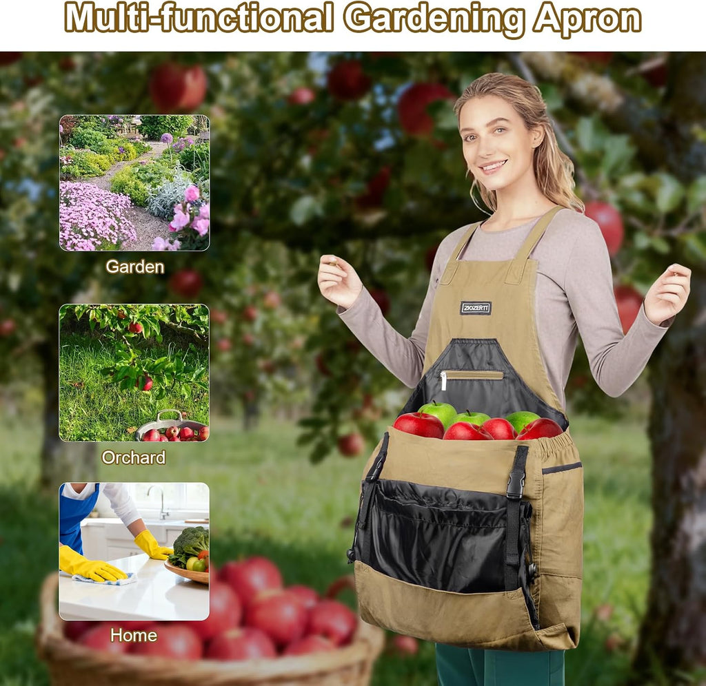 Garden Apron,Harvest Aprons with Drawstring Bag and Pockets for Women and Men,Canvas Fruit Picking Apron