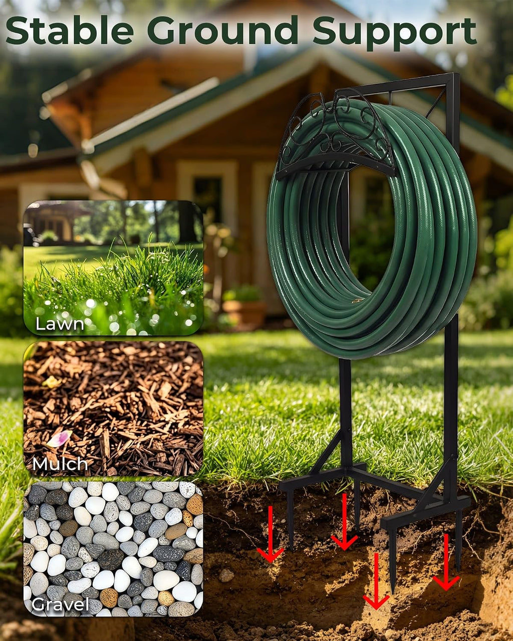 Garden Hose Holder Stand, Heavy Duty Freestanding Metal Rack | Reinforced Triangle Support, Dual Ground Stakes &