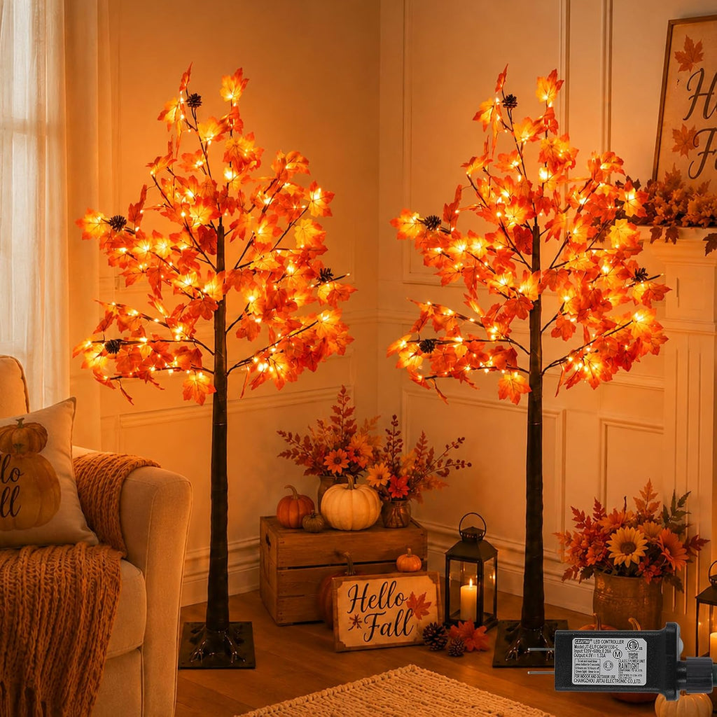 2Pack Lighted Halloween Tabletop Trees with Timer, Pumpkin Bat Decor