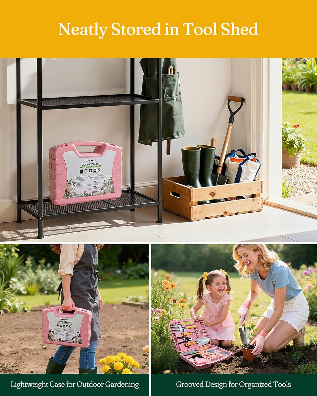 12-Piece Gardening Tools Set with Hard Storage Case, Pink Silver | Heavy-Duty Steel Trowel & Pruner, Floral Print