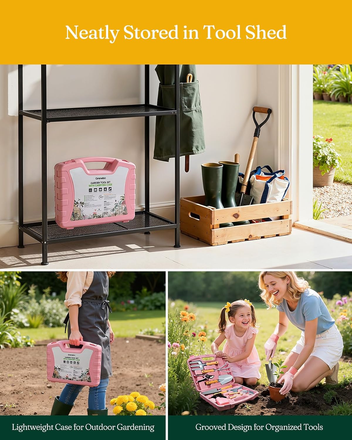 12-Piece Gardening Tools Set with Hard Storage Case, Pink Silver | Heavy-Duty Steel Trowel & Pruner, Floral Print