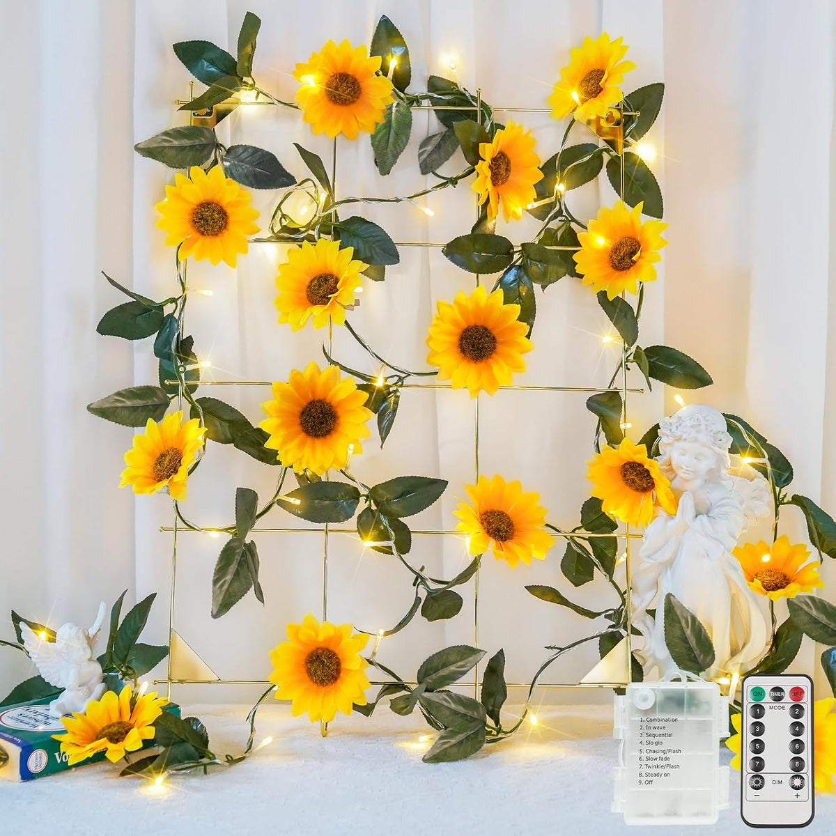 suddus Sunflower Garland with 60LED Fairy Light Battery Operated Clear Wire