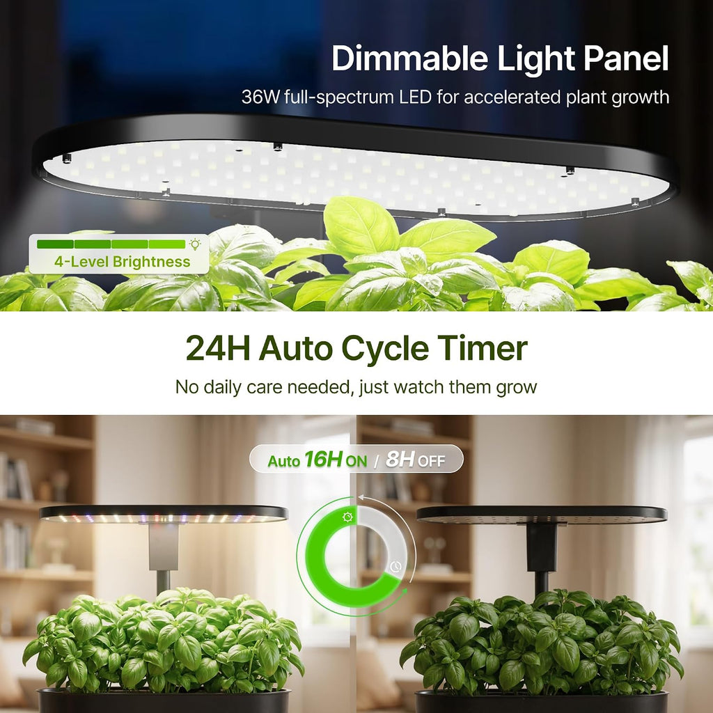 Hydroponics Growing System, Smart Panel, 5L Removable Tank, 36W LED | Dimmable Full Spectrum Grow Light, 12 Pods Indoor
