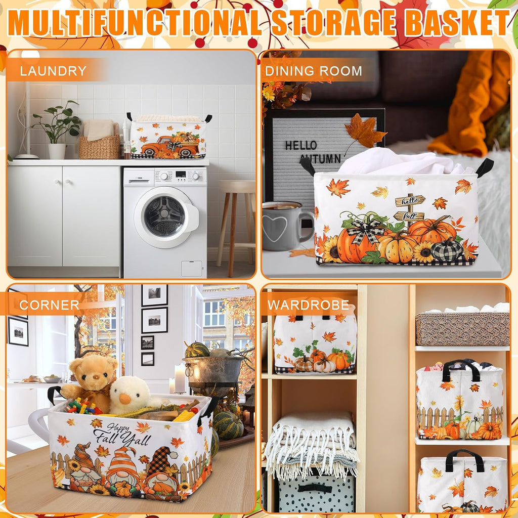 Boao 3 Pcs Fall Storage Basket for Gift, Thanksgiving Foldable Harvest Basket with Pumpkin Maple Leaves, Foldable