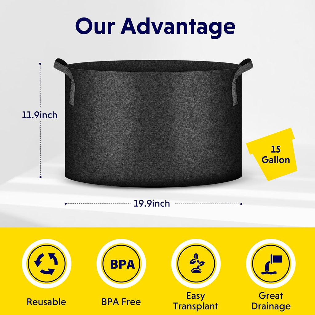 iPower 5-Pack 15 Gallon Plant Grow Bags Thickened Nonwoven Aeration Fabric Pots Heavy Duty Durable Container, Strap