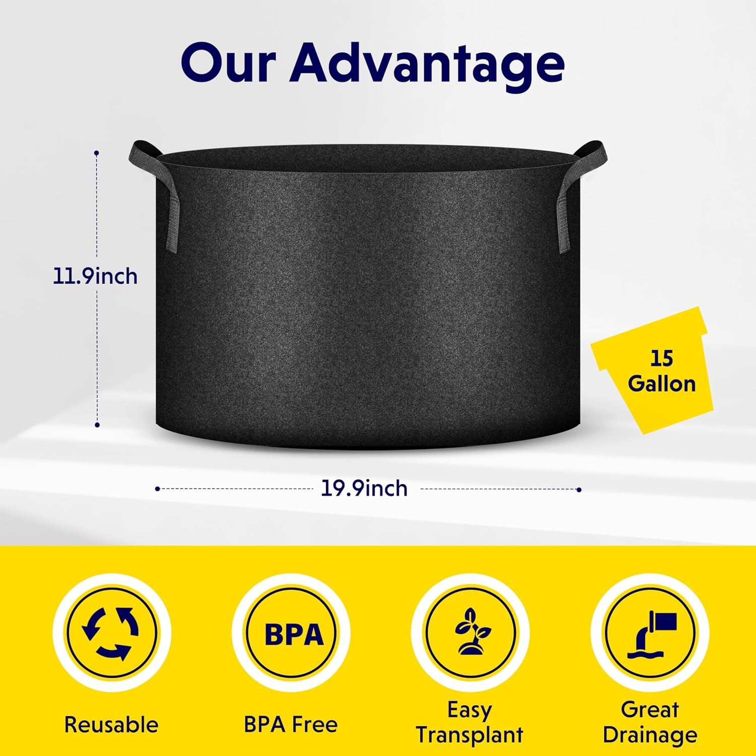 iPower 5-Pack 15 Gallon Plant Grow Bags Thickened Nonwoven Aeration Fabric Pots Heavy Duty Durable Container, Strap