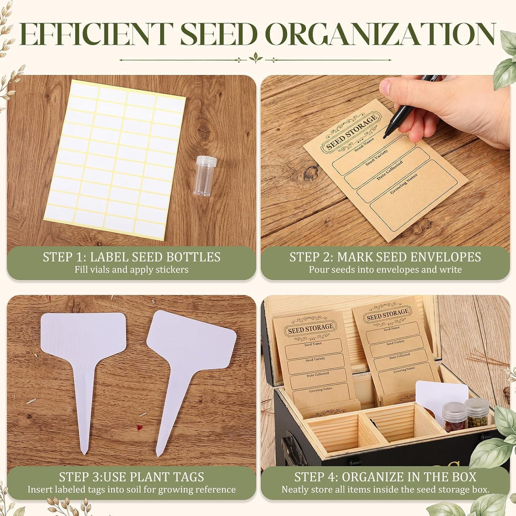 Bamboo Wood Seed Storage Organizer Box with 30 Slot & Envelopes & Labels, 40 Stickers and Pen, Seed Saving Box with Lid