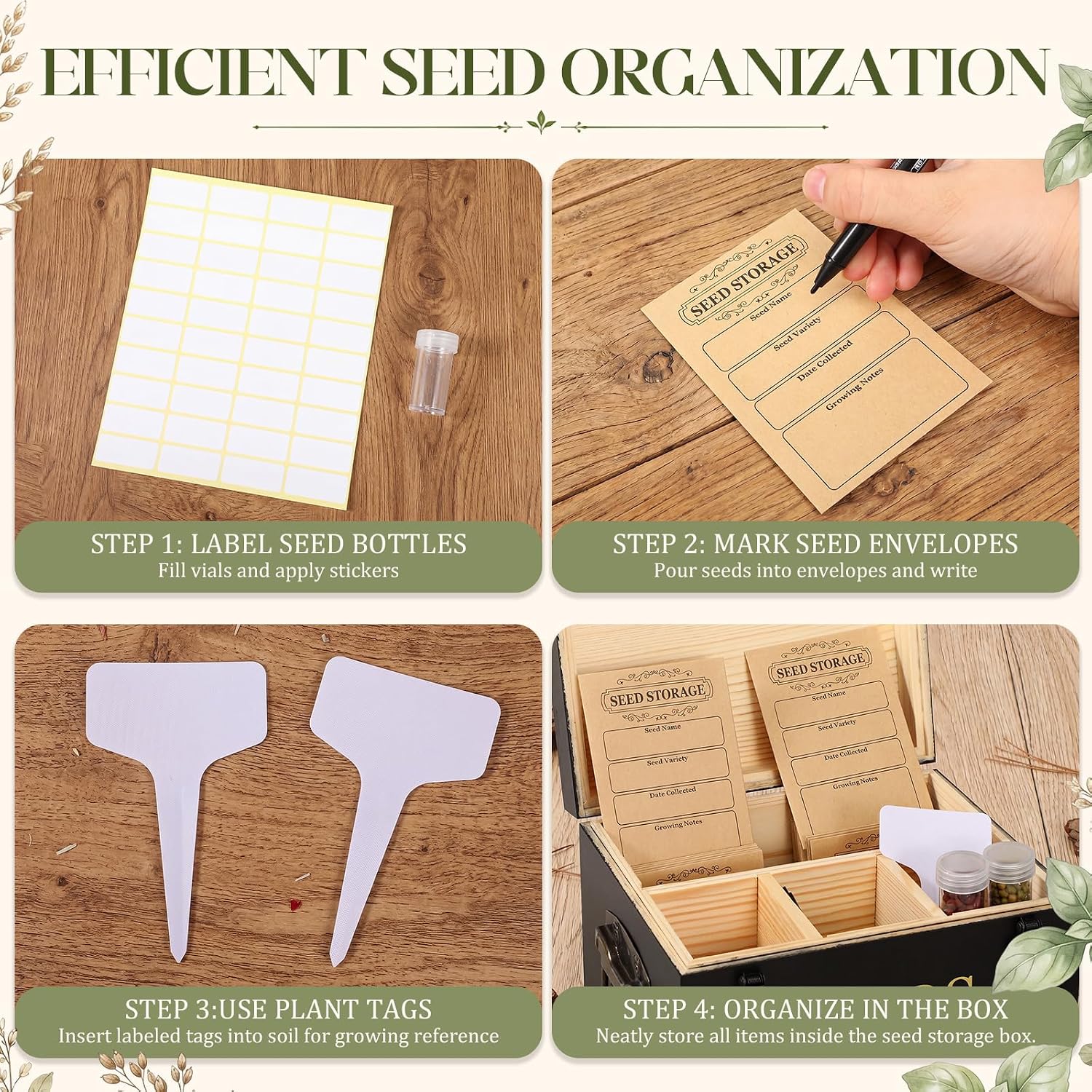 Bamboo Wood Seed Storage Organizer Box with 30 Slot & Envelopes & Labels, 40 Stickers and Pen, Seed Saving Box with Lid