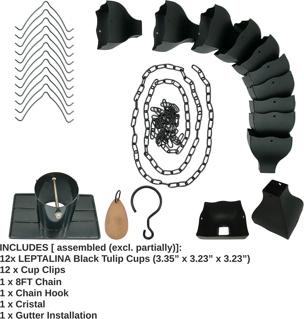 8.5FT Tulip Iron Rain Chain for Gutters and Rain Barrel, Black | Rain Chains for Downspout, Rust-Prevent Plated, Thick