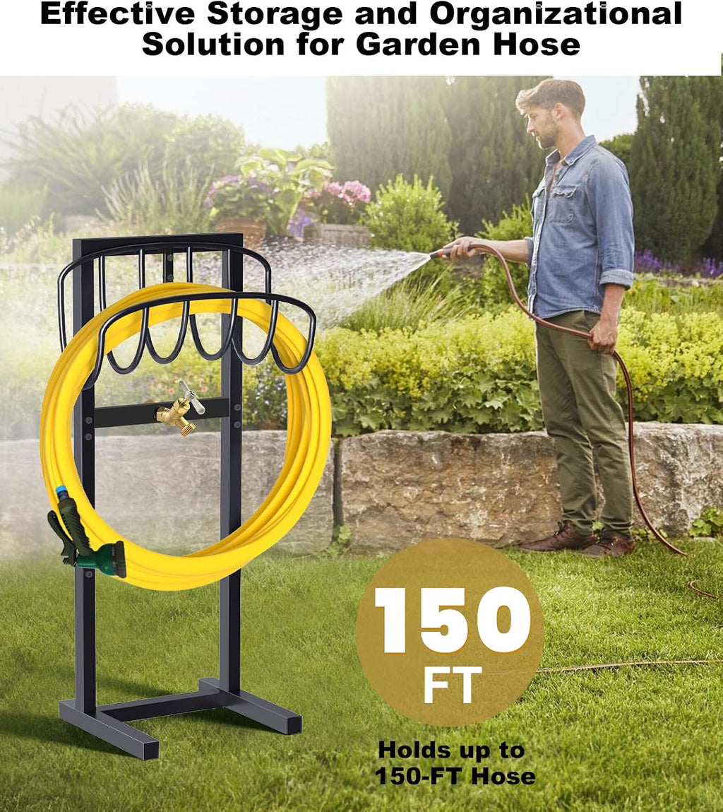 Outdoor Garden Hose Holder Freestanding with Brass Faucet And 4 Spikes, Heavy Duty Metal Water Hose Reel Stand Hanger