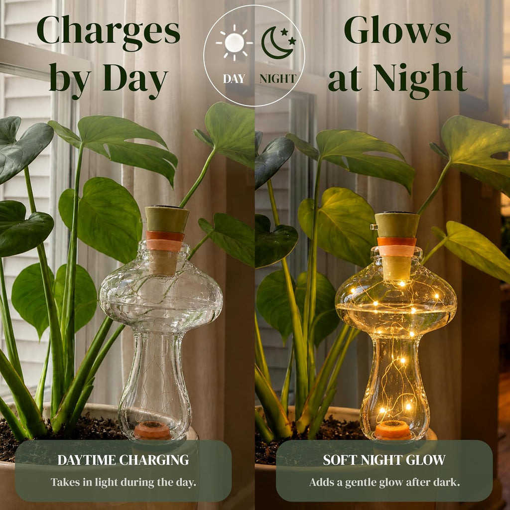11 oz Plant Self Watering Globes Top Fill, Mushroom Plastic Self Watering Bulbs, LED Night Light Automatic Waterer with
