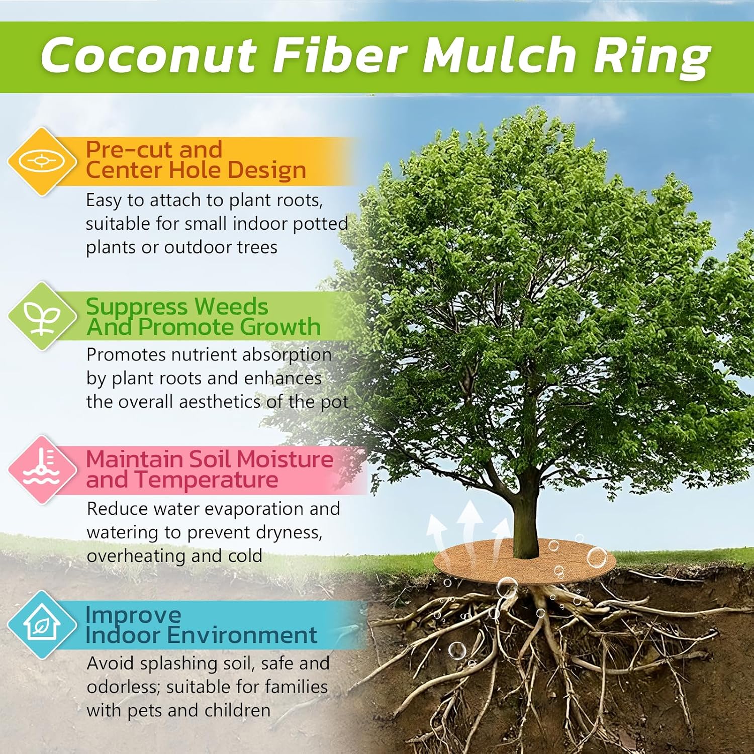 6 Pack Coconut Fiber Mulch Ring Tree Plant Protector Mat, 18 Inch | Natural Coco Coir Tree Mulch Ring Plant Pot Soil