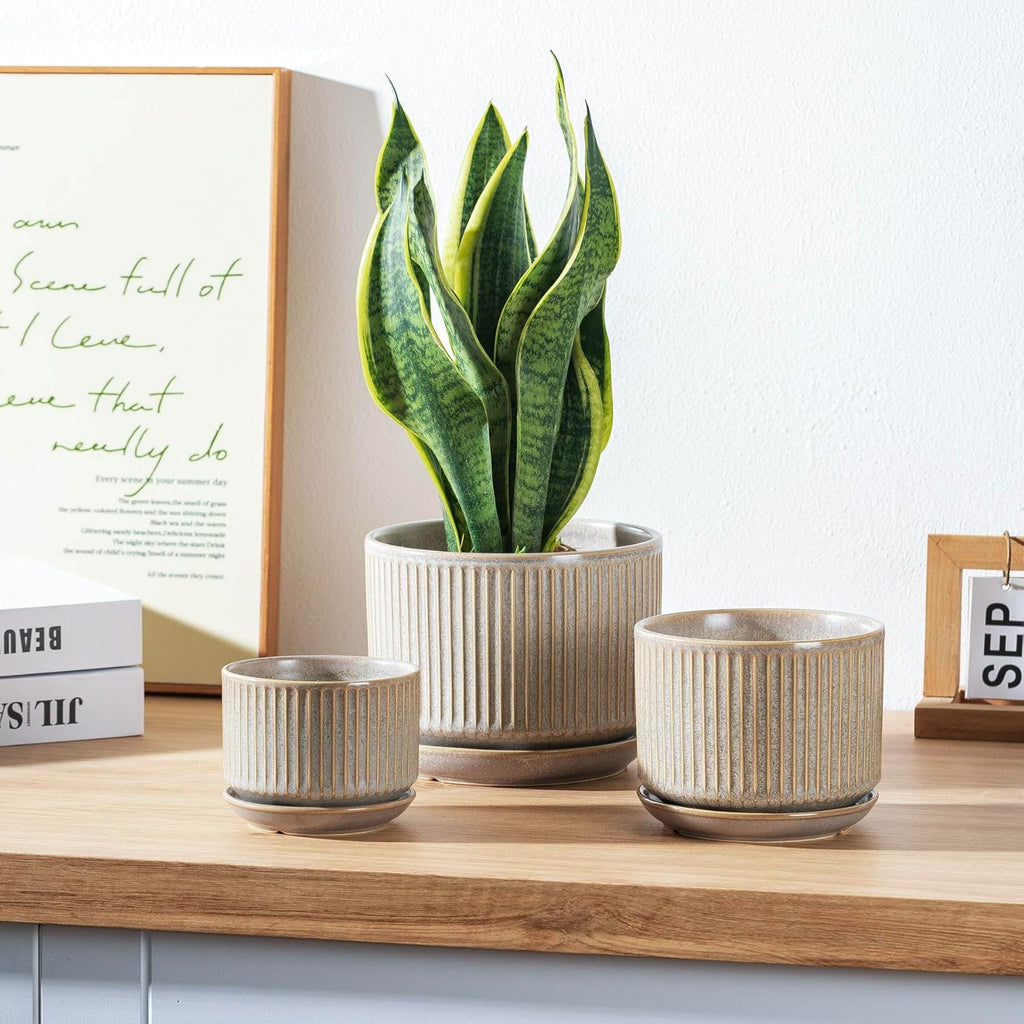 SURE YUESI Ceramic Plant Pots Set of 3, Indoor Outdoor Planters with Drainage Hole and Saucer, Ceramic Flower Pots for