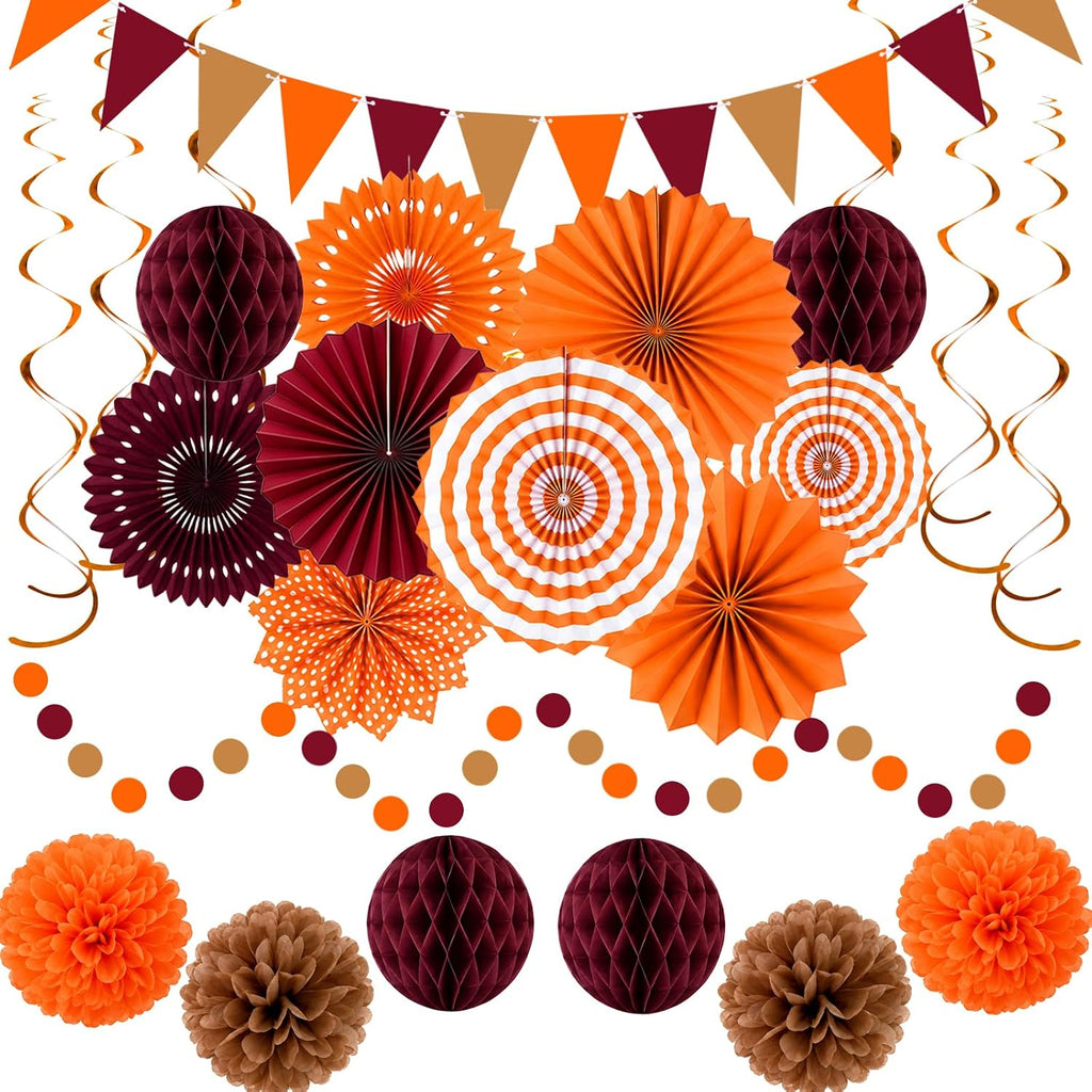 24 Pcs Fall Party Decorations, Burgundy Orange Paper Fans and Pom Poms Set