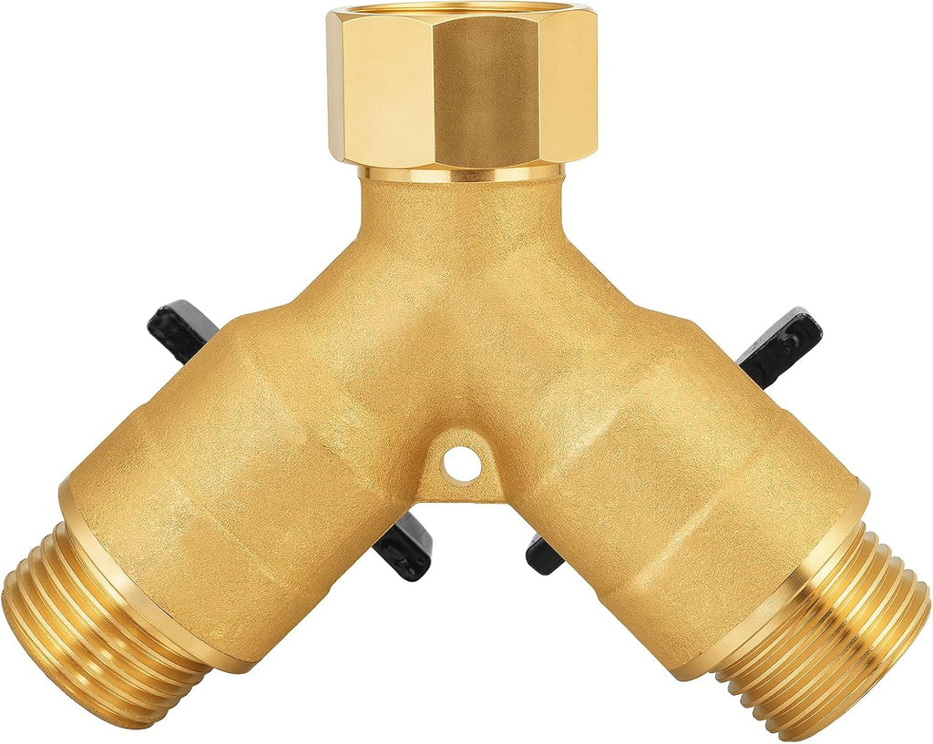 Heavy-Duty Brass 2-Way High-Flow Garden Hose Splitter, Outdoor Faucet Y-Valve Diverter Connector with Butterfly Handle