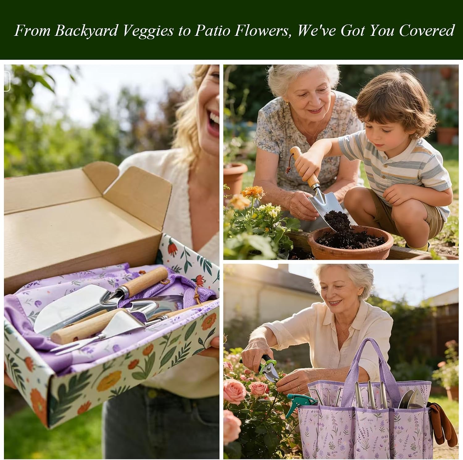 VerdantVibes Gardening Tool Set - 10 Piece Stainless Steel Garden Tools with Wood Handle, Pruners & Purple Lavender