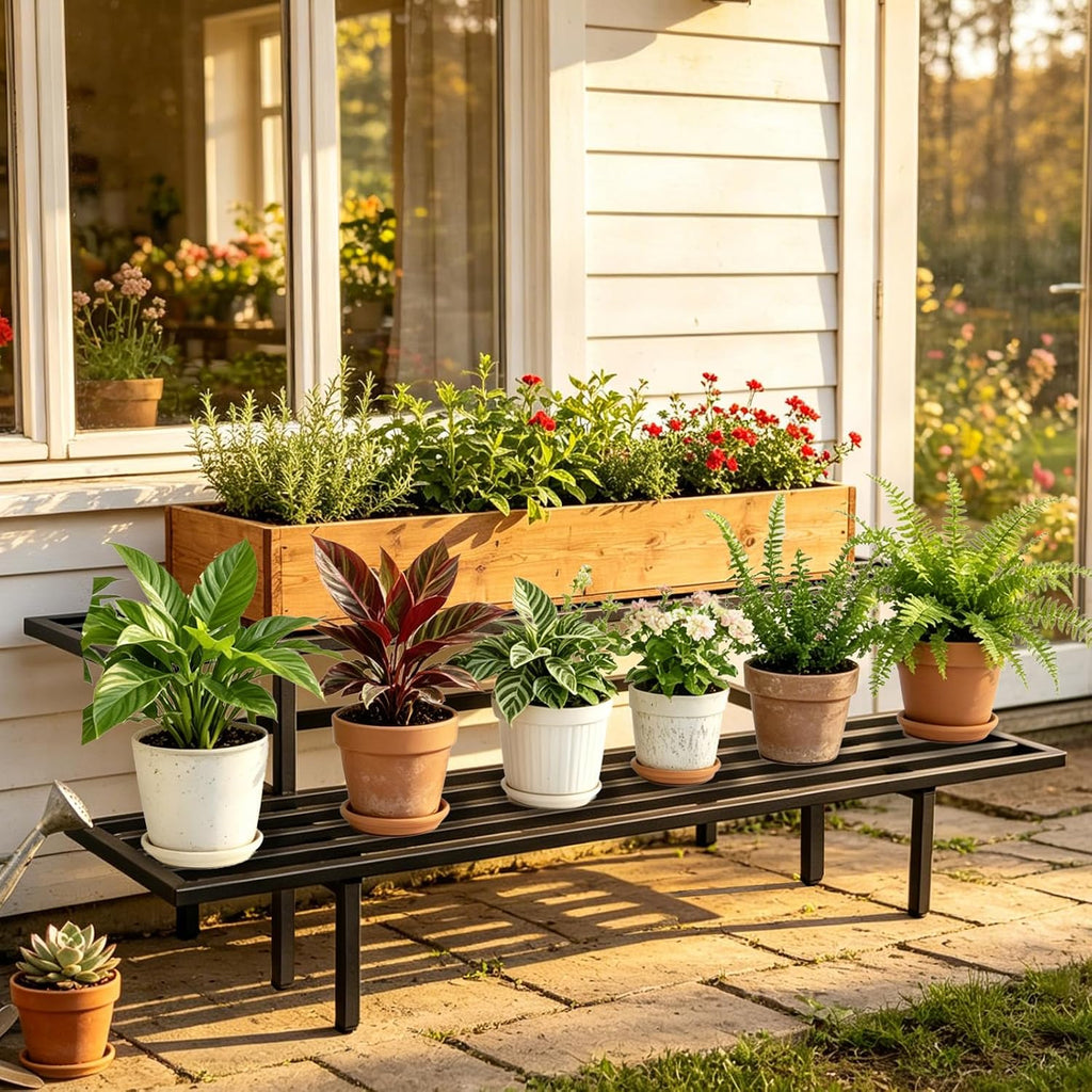 Heavy Duty Plant Stand Outdoor Indoor, Large Metal 48" L x 10" W x 12" H | Plant Stands Indoor Outdoor 2-Tier Flower
