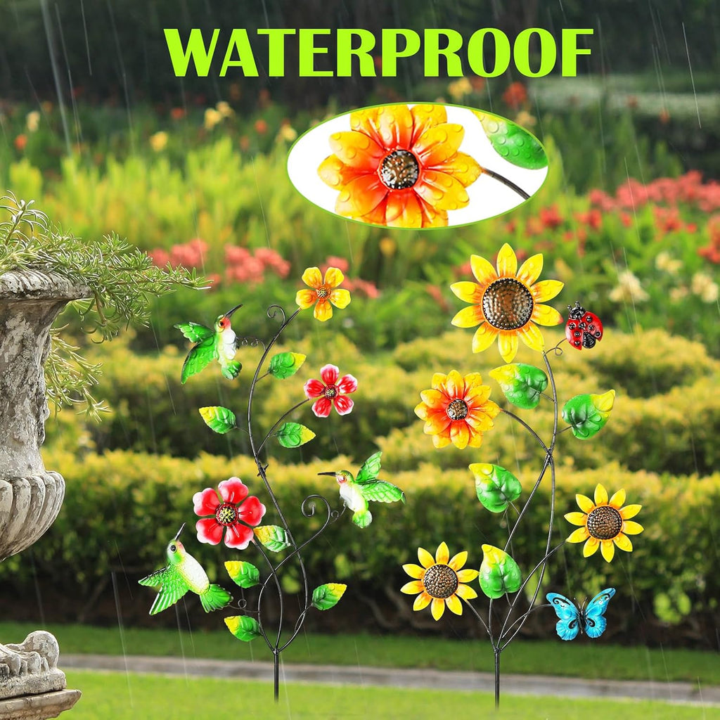 4 Pcs Butterfly Metal Garden Stakes Hummingbird Sunflower Dragonfly Flowers Garden Stake Decor Metal Wall Decor Trellis