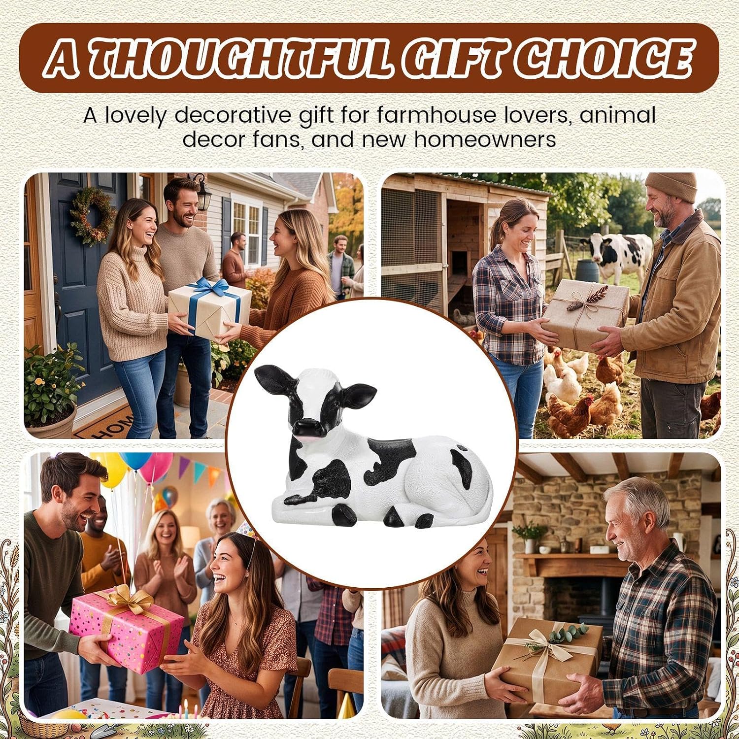 Cow Porch Statue Small Cute Figurines for Porch, Resin Farmhouse Decor for Yard, Garden, Patio, Outdoor, Indoor