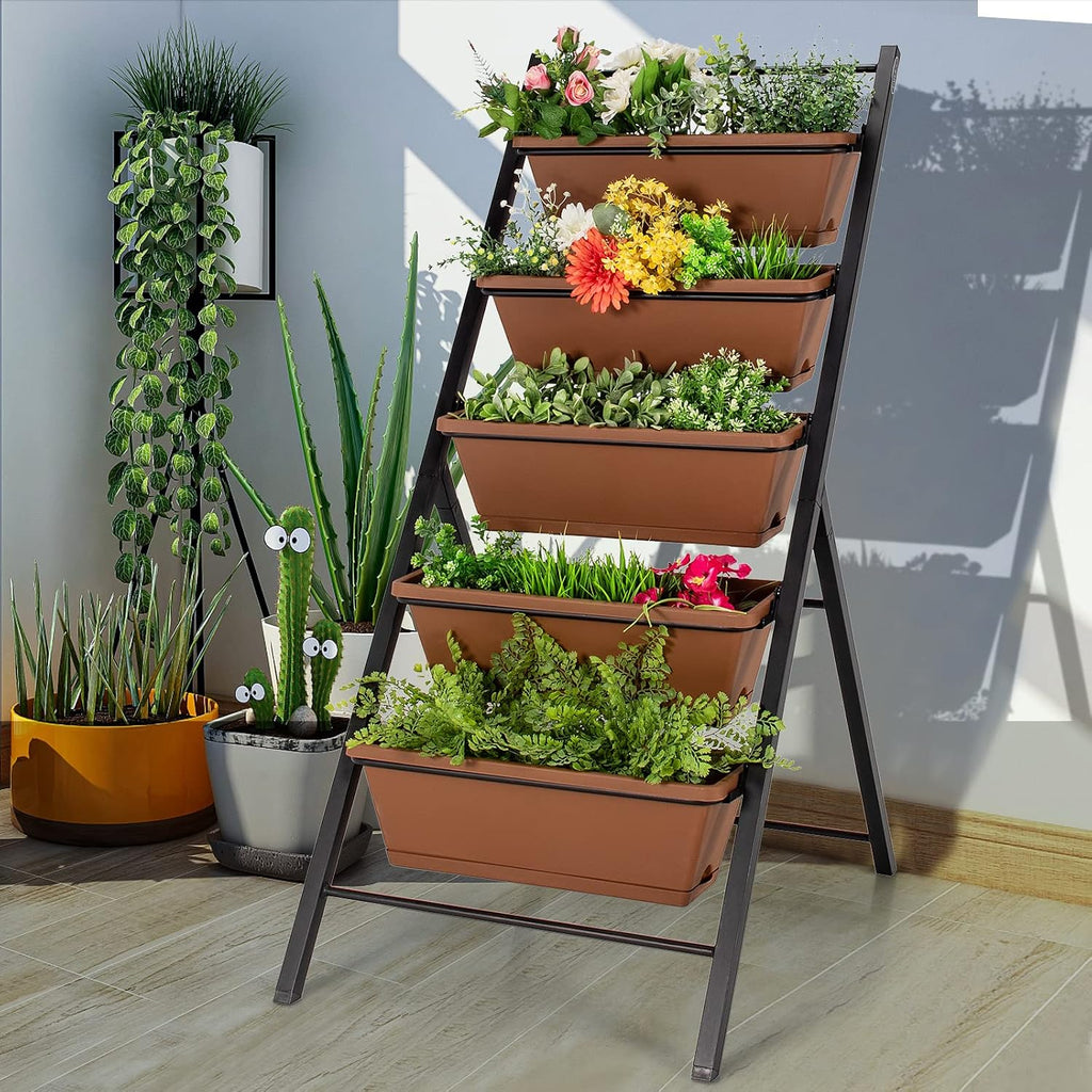 Giantex Vertical Planter Raised Bed, Elevated Garden Beds with Water Drainage Hole, Freestanding 5 Container Boxes for