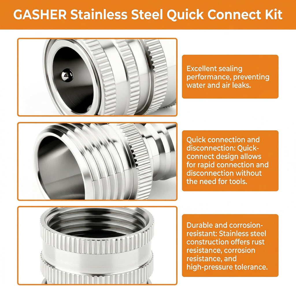 GASHER 5PCS Stainless Steel Quick Connect Kit, 3/4 Inch GHT Female Coupling for Garden Hose, Irrigation