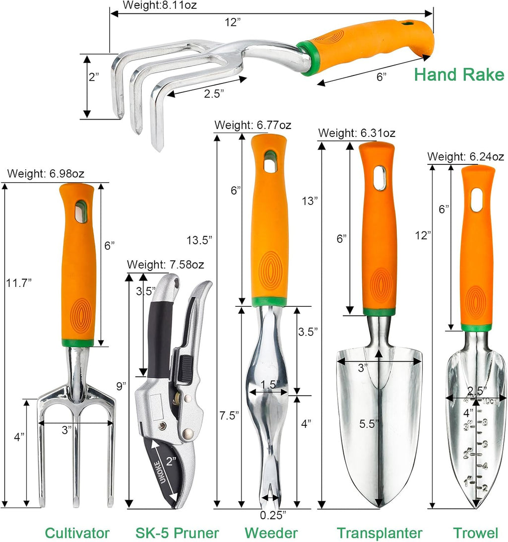 UKOKE Garden Tool Set, 12 Piece Aluminum Hand Tool Kit, Garden Canvas Apron with Storage Pocket, Outdoor Tool, Heavy