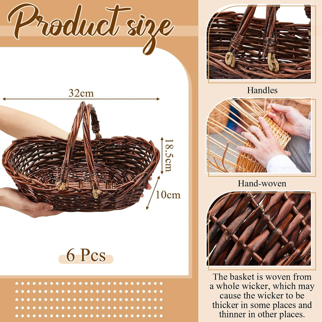 Sintuff 6 Pcs Wicker Picnic Baskets with Handles, Willow Woven,Dark Brown | Woven Harvest Empty Basket Bulk, Storage