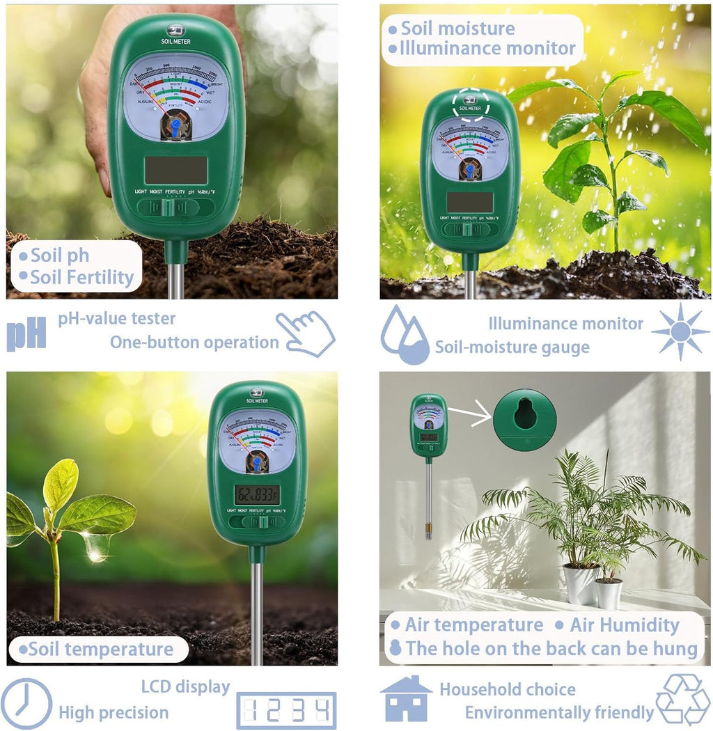 7-in-one Soil Test Kit, Soil Moisture Meter/PH Meter/Sunlight Intensity/Fertility Soil Tester, LCD Display Air & Soil