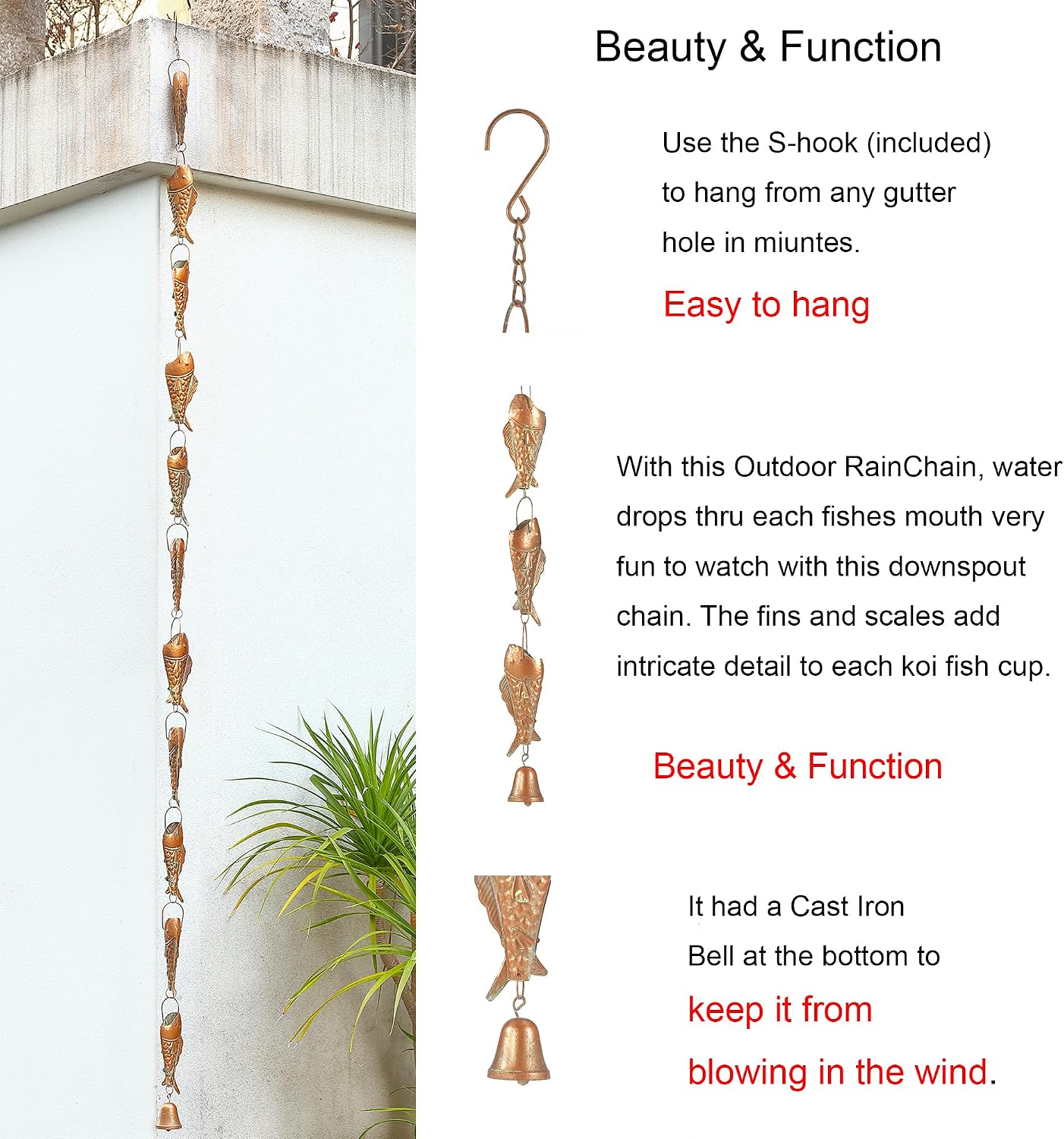 Copper Patina Rain Chain with Rainbow Trout for Heavy Rain, Functional and Decorative Replacement Downspout Chain for