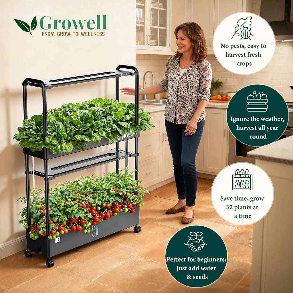 Growell Large Basket Hydroponics Growing System Kit, 32 Pods Vertical Hydroponic Garden with 2 Grow Light Modes, Auto