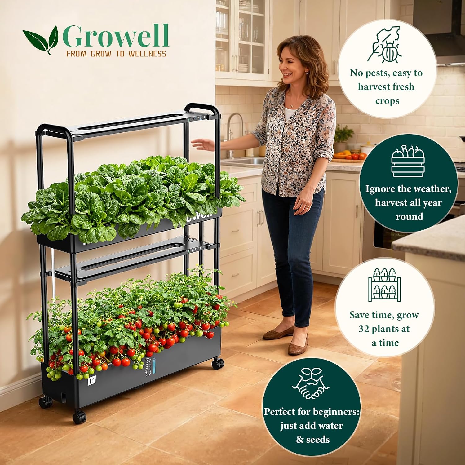Growell Large Basket Hydroponics Growing System Kit, 32 Pods Vertical Hydroponic Garden with 2 Grow Light Modes, Auto