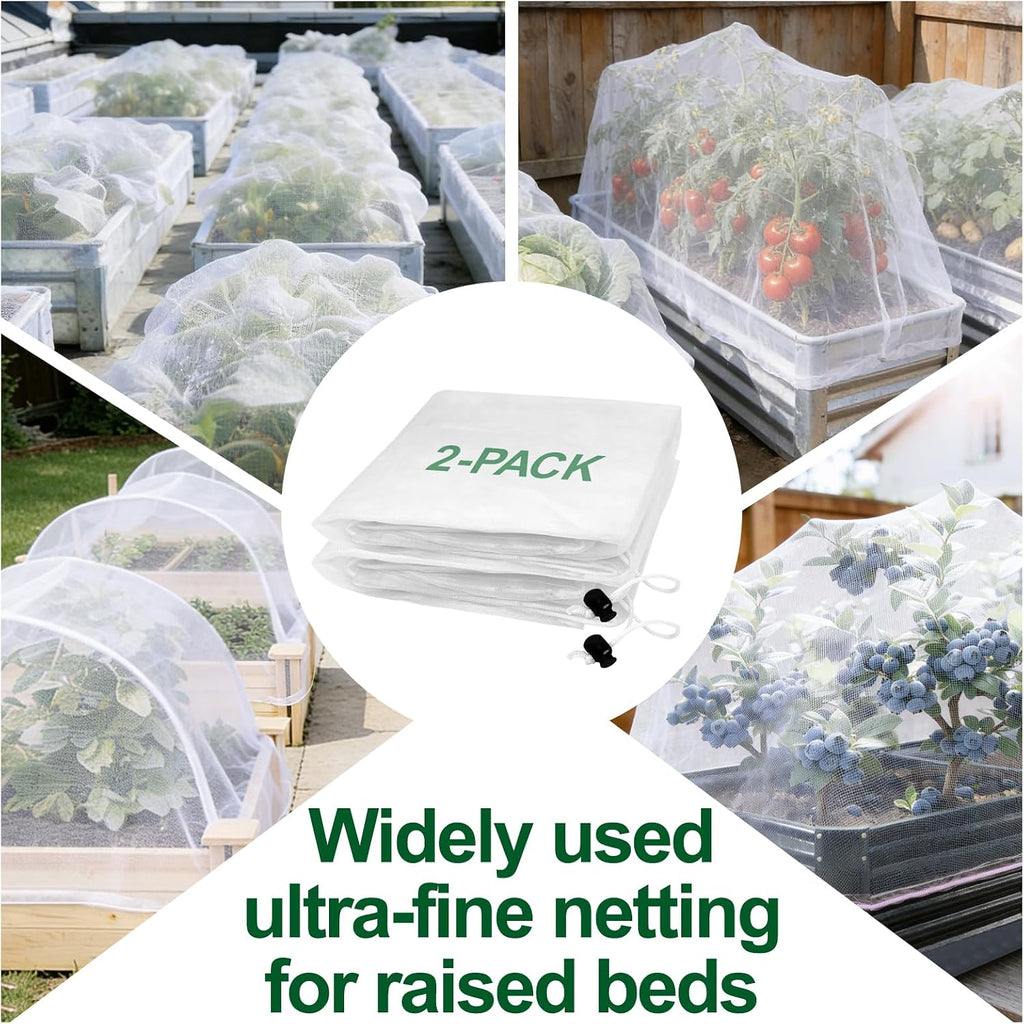 2 Pack Garden Netting for 8x4FT Raised Beds, Ultra-Fine Mesh Plant Covers with Drawstring, Bird, Pest & Small Animal