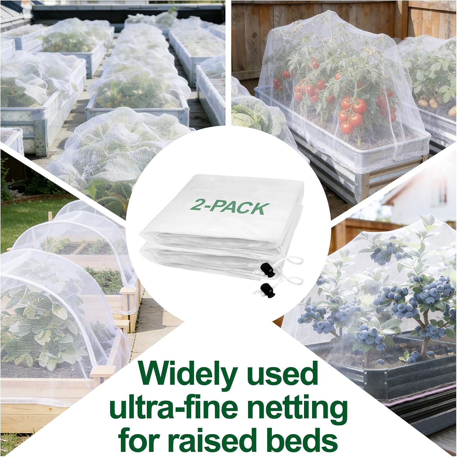 2 Pack Garden Netting for 8x4FT Raised Beds, Ultra-Fine Mesh Plant Covers with Drawstring, Bird, Pest & Small Animal