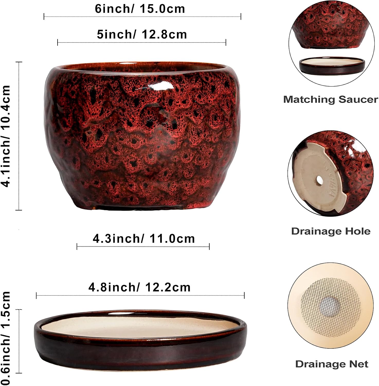 SQOWL Ceramic Pot for Plants - 6 Inch Plant Pot Indoor with Drainage Hole and Saucer, Decorative Flower Pot Outdoor