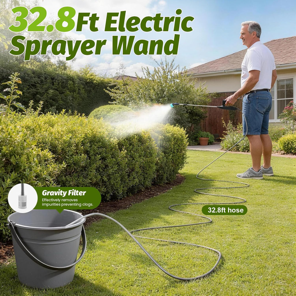 Battery Powered Sprayer Wand with 32.8FT Extended Hose, Electric Garden Sprayer with 3 Speeds & Battery Indicator, 4