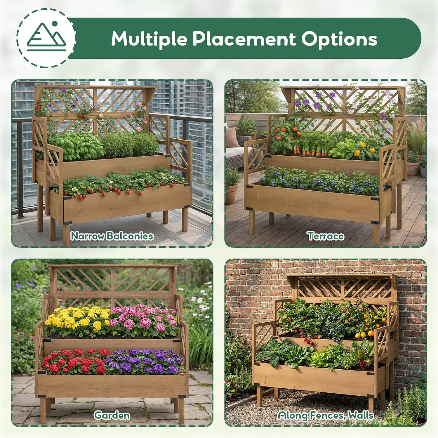 Raised Garden Bed with Trellis, 2-Tier Elevated Planter Box with Legs & Top Shelf, Liner, Metal Corners, Wooden Garden