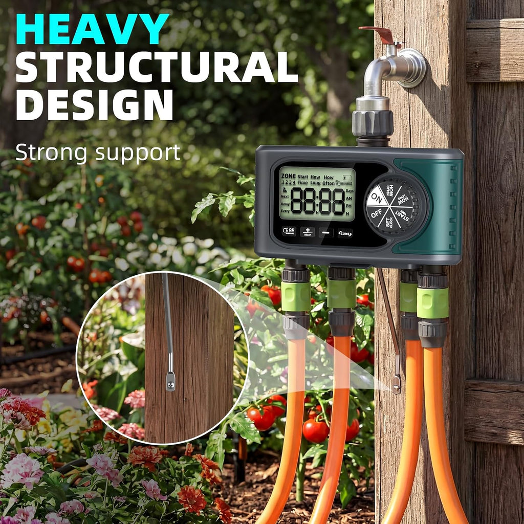 Sprinkler Timer for Outdoor Hose Faucet 4 Zone, Programmable Hose Timer with Rain Delay/Manual/Automatic Watering