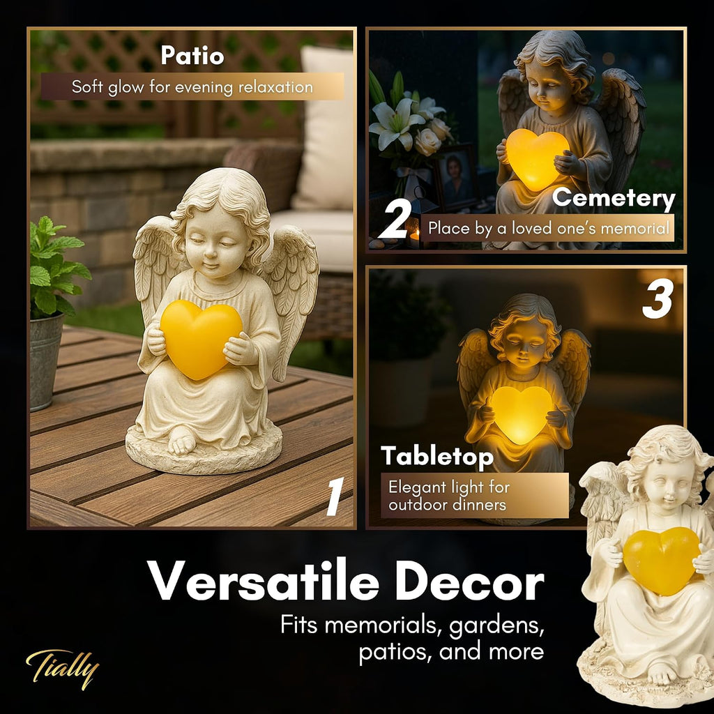 Solar Angel Garden Statue with Heart, 12" Memorial Light Up Angel | Glowing Lighted Heart Bright Every Night