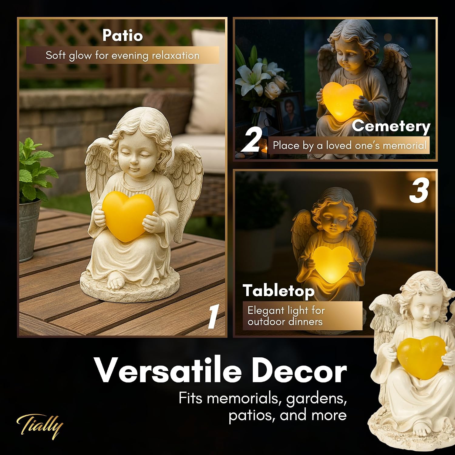 Solar Angel Garden Statue with Heart, 12" Memorial Light Up Angel | Glowing Lighted Heart Bright Every Night