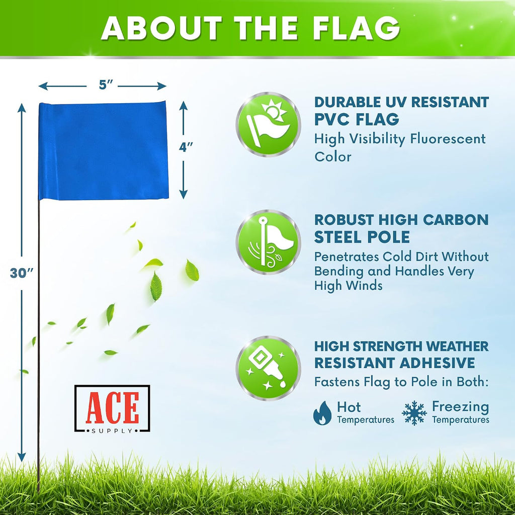 Blue Marking Flags 100 Pack - 4x5x30 Inch Blue Flags for Yard - Markers For Lawn, Irrigation, Landscaping, Survey &
