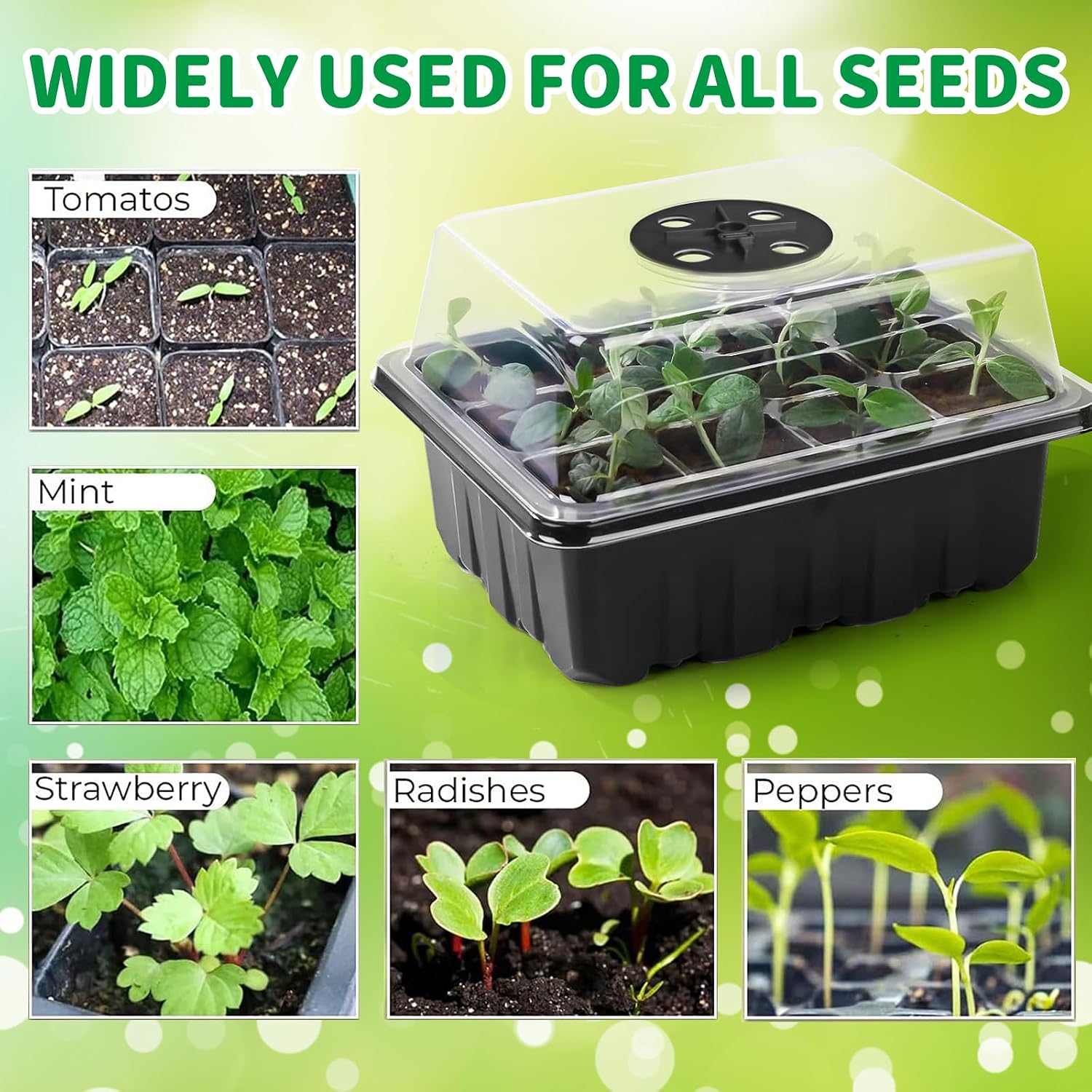 NAMOTEK 5 Pack Seed Starter Tray with Heat Mat and Grow Light Humidity Domes, 60 Cell Trays Germination Station Cloning