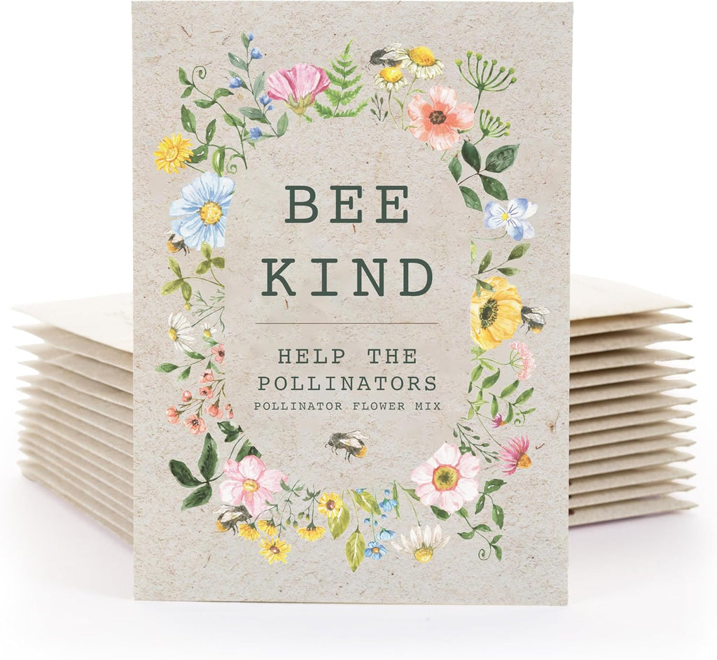 Bee Kind Pollinator Flowers | Beautiful Bee Art Kraft Look Seed Packets | Environmental Favors Cards for Guests