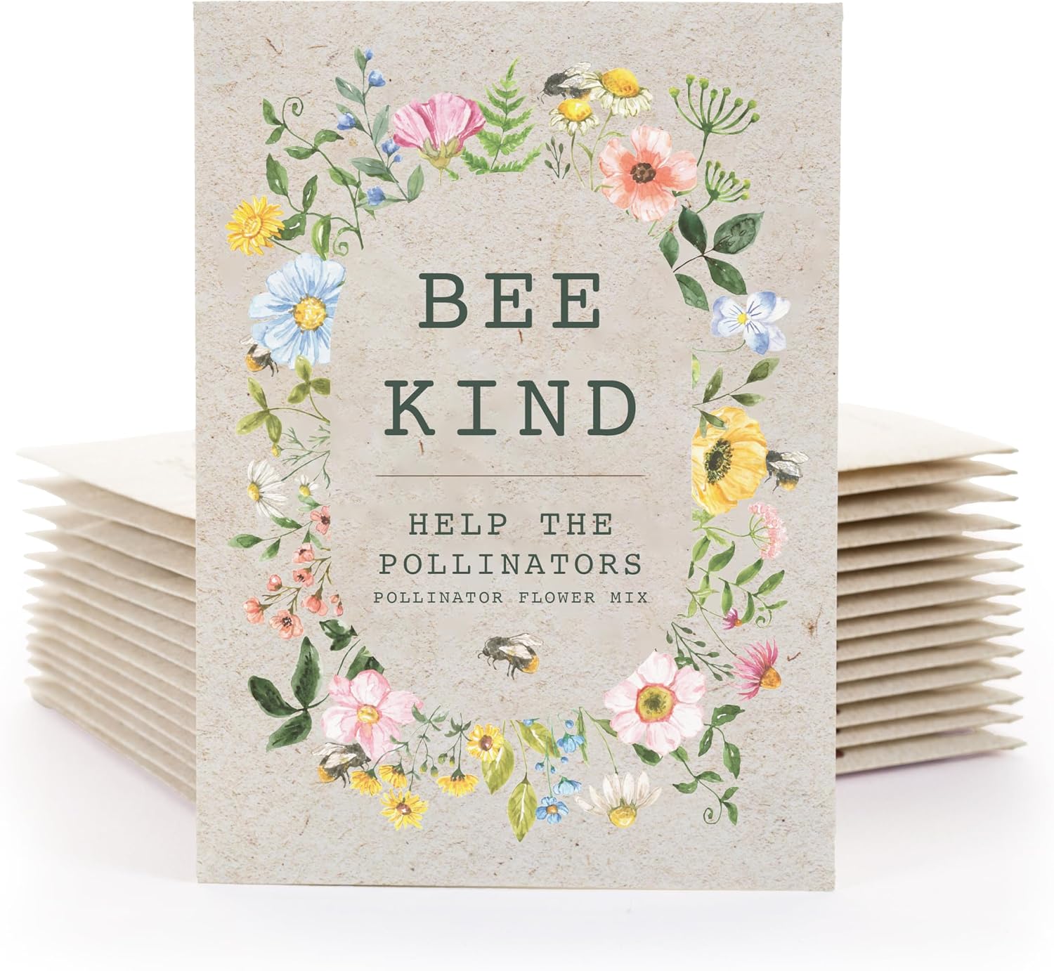 Bee Kind Pollinator Flowers | Beautiful Bee Art Kraft Look Seed Packets | Environmental Favors Cards for Guests