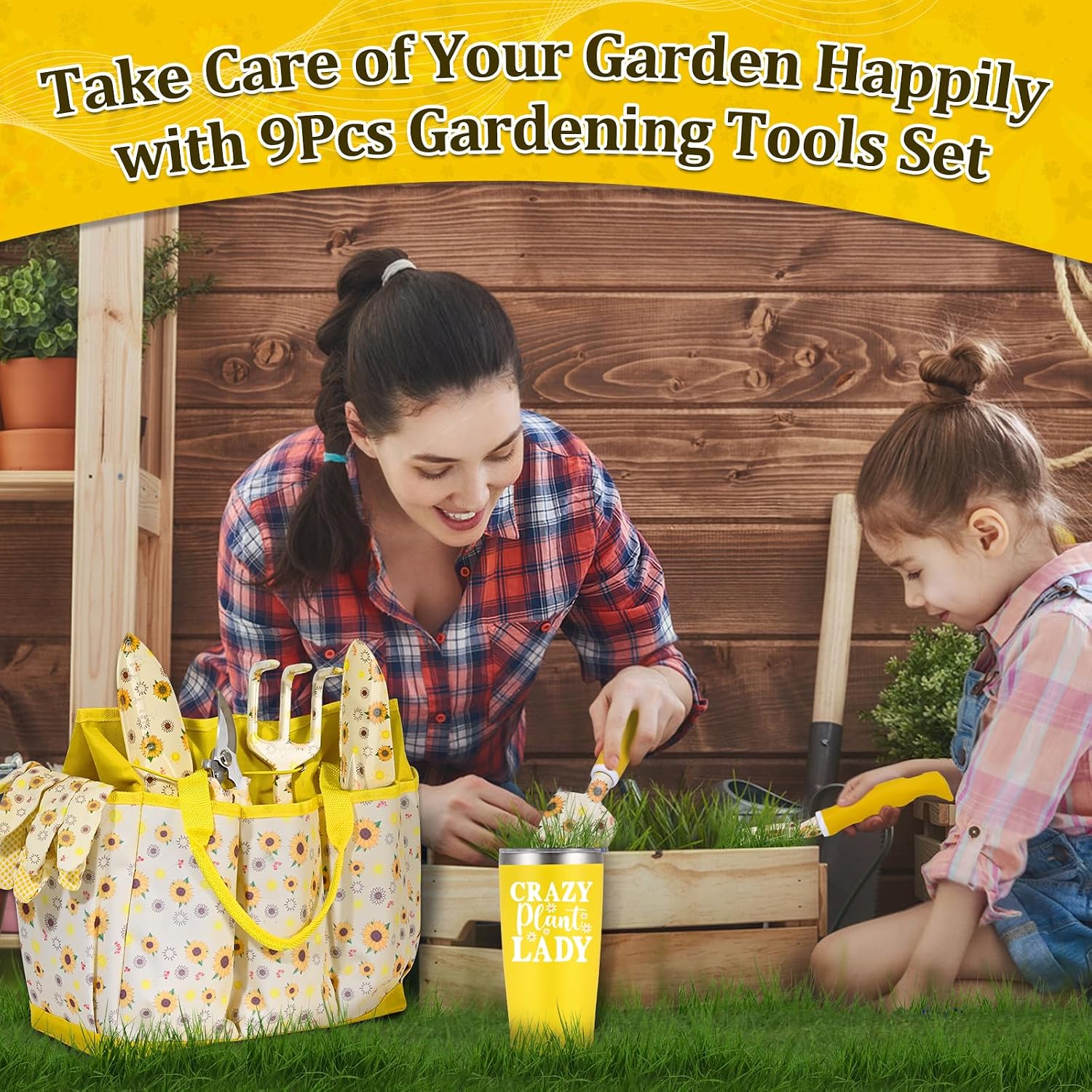 Gardening Gifts for Women, Gardening Tools for Women, 9 PCS Sunflower Garden Tools Set Kit with Garden Tool Bag